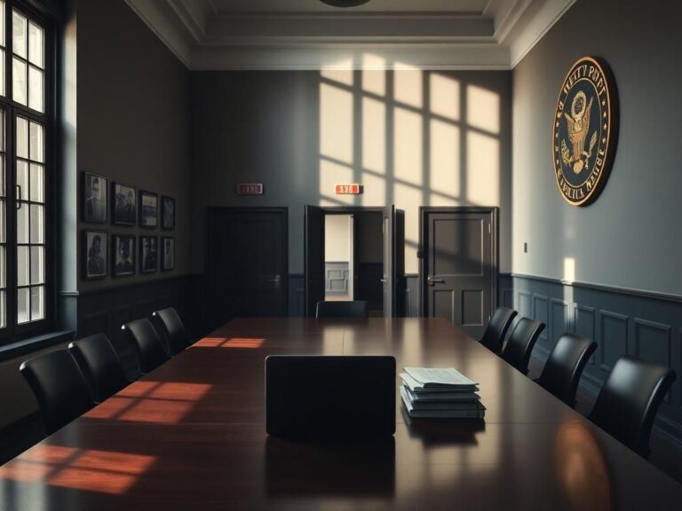 Flick International Somber academic hallway at the U.S. Military Academy at West Point showcasing military insignias and empty conference table