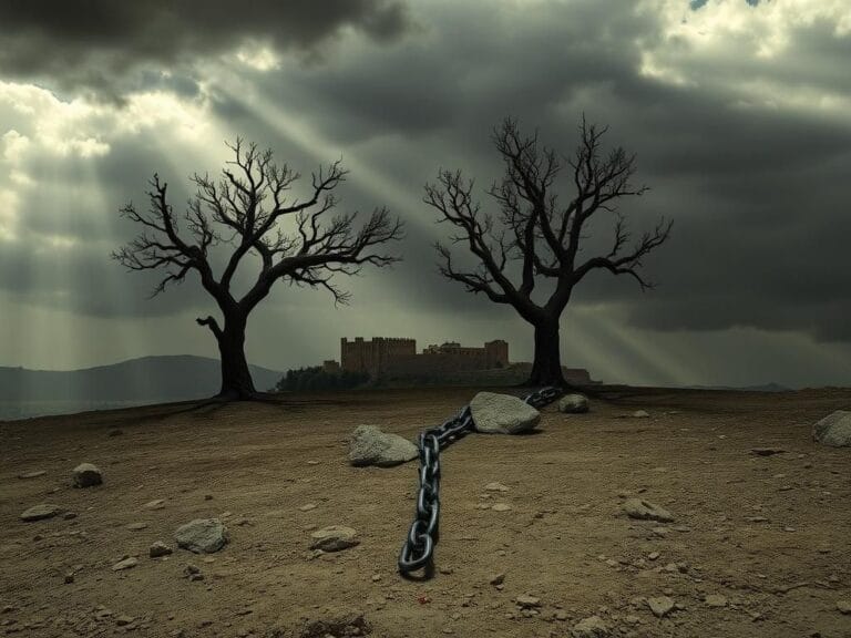Flick International Barren intertwined olive trees in a rocky landscape symbolizing the Israel-Palestine conflict, with a broken chain representing hostages.