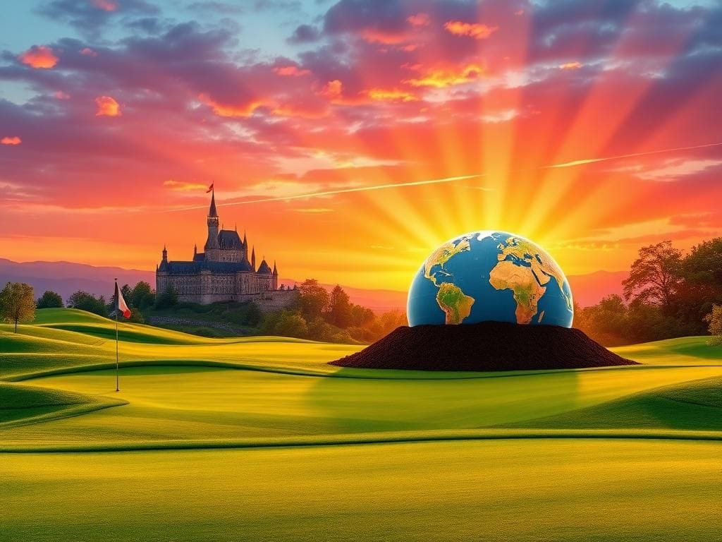 Flick International A vibrant landscape of a golf course at sunset symbolizing Trump's European trade negotiations