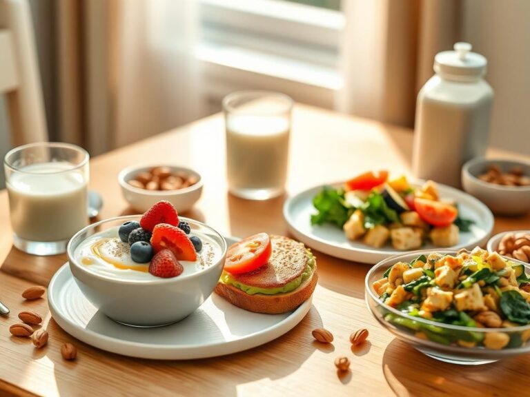 Flick International A serene breakfast scene with Greek yogurt, avocado toast, and scrambled tofu