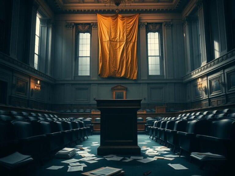 Flick International Empty podium in a legislative chamber symbolizing Hakeem Jeffries' speech