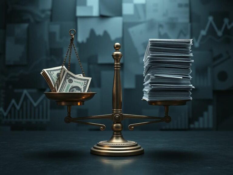 Flick International Intricate balance scale with Federal Reserve notes and U.S. government budget documents, symbolizing fiscal responsibility.