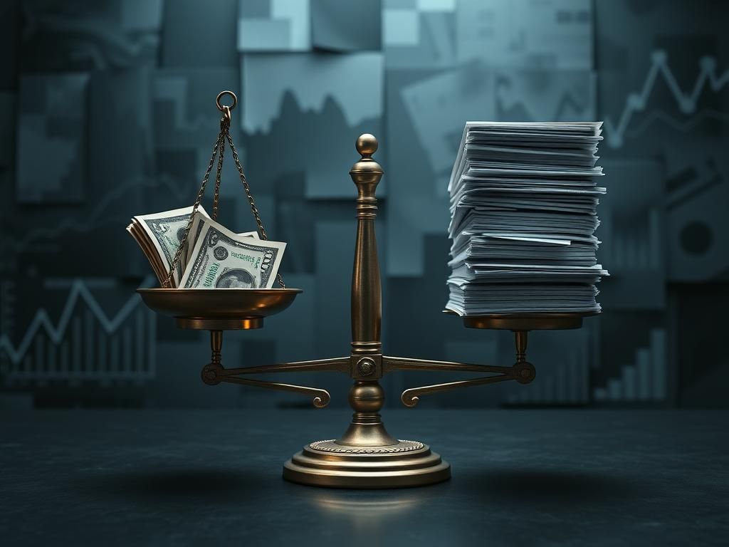 Flick International Intricate balance scale with Federal Reserve notes and U.S. government budget documents, symbolizing fiscal responsibility.