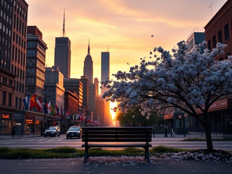 Flick International Sunset over New York City skyline with cultural immigration symbols