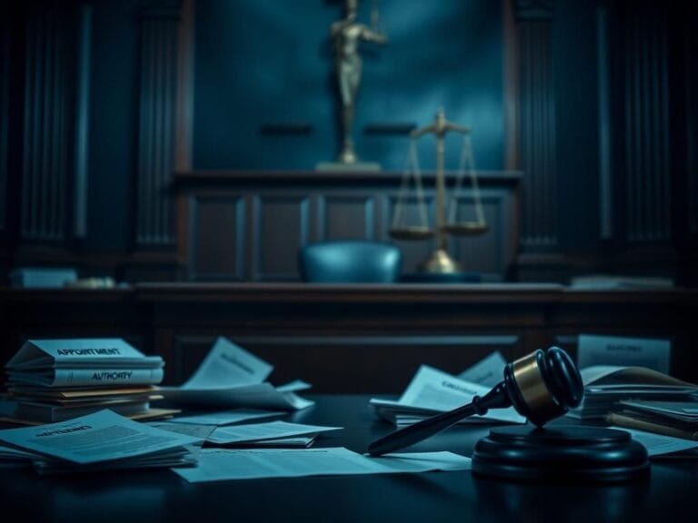 Flick International A dramatic courtroom scene with a large wooden judge's bench symbolizing legal authority