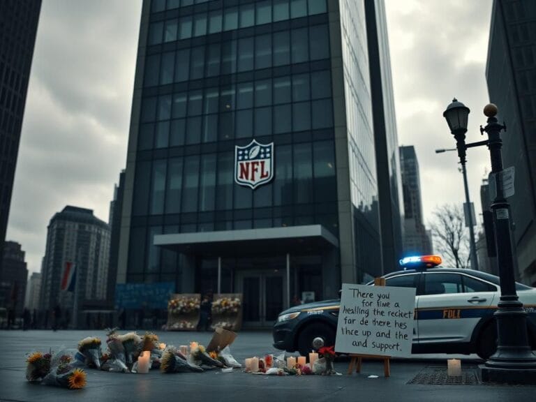 Flick International Somber urban scene outside a high-rise building in Manhattan with NFL logo and flowers