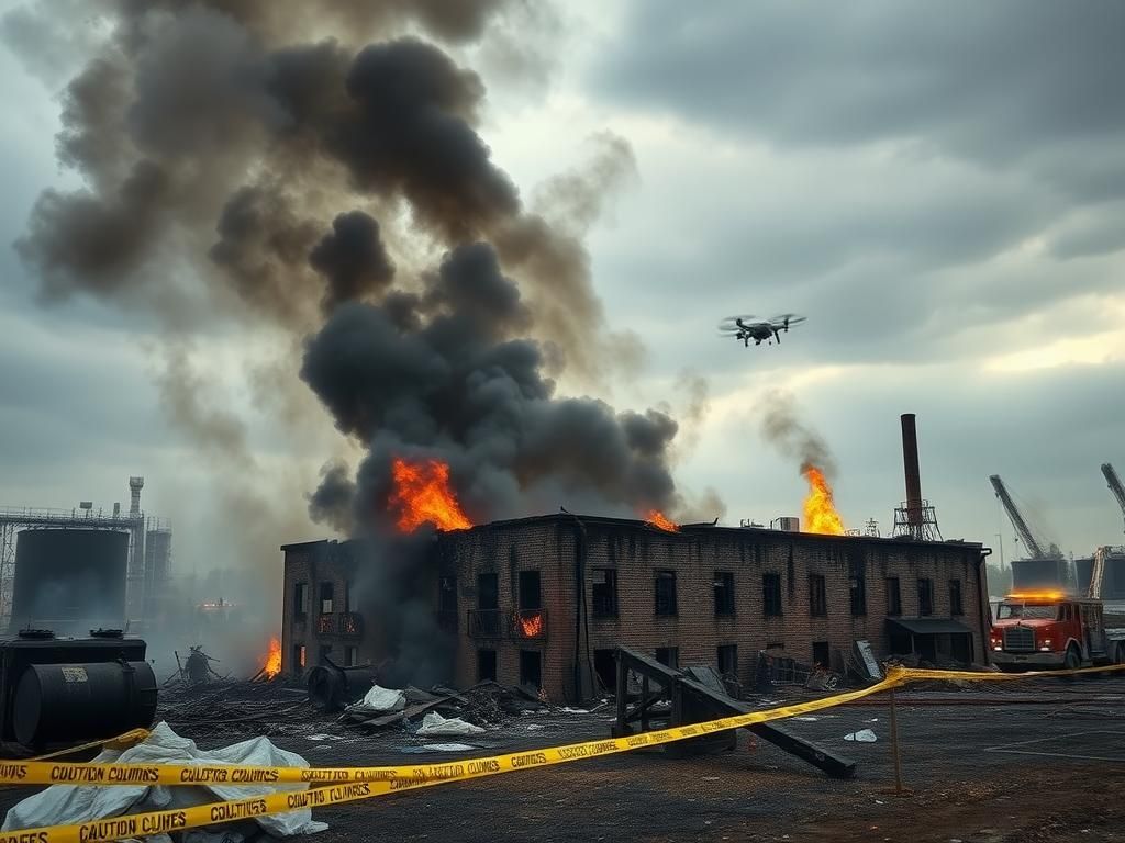 Flick International Flames engulfing a biofuels plant after an explosion