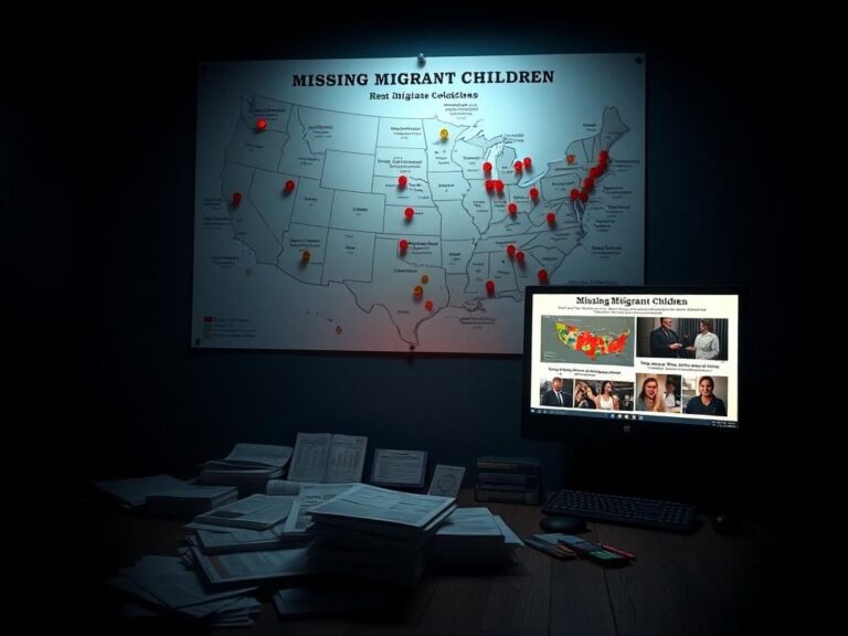 Flick International Dimly lit room with a map showing locations related to missing migrant children