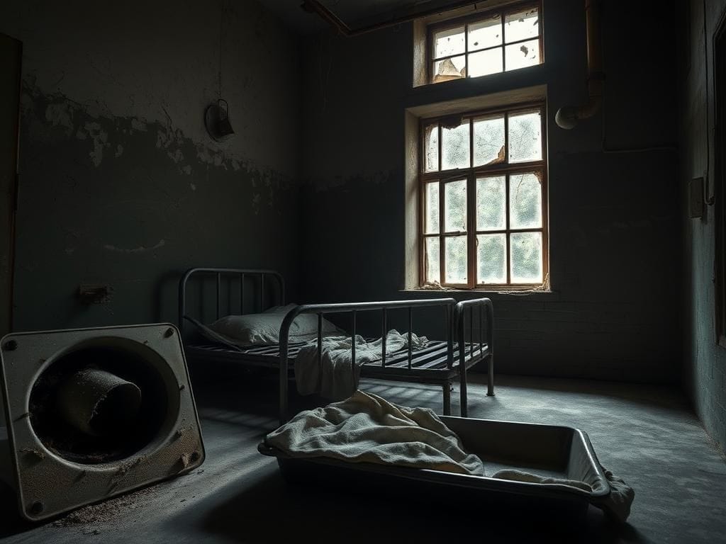 Flick International somber prison cell with rusty bed frame and moldy air vent