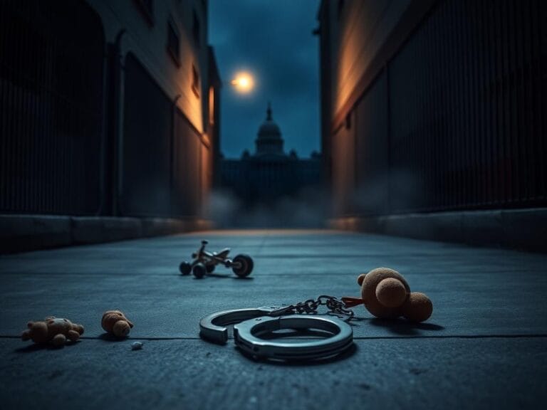 Flick International Handcuffs on concrete with scattered children's toys in a dark urban alley