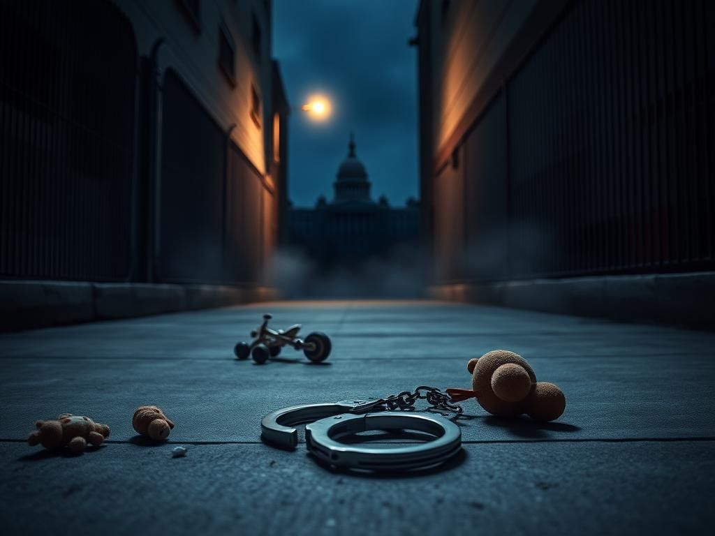 Flick International Handcuffs on concrete with scattered children's toys in a dark urban alley