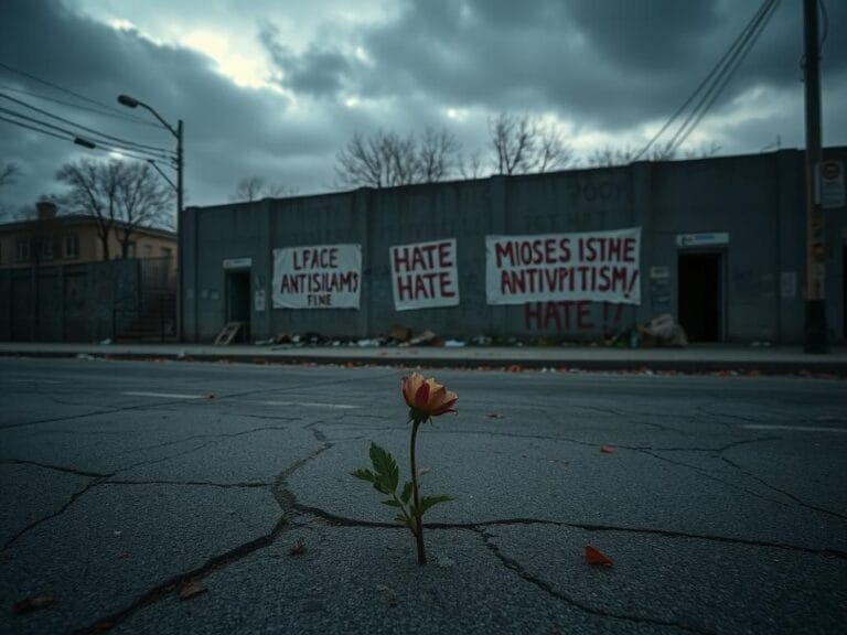 Flick International Empty urban street displaying remnants of protest signs and graffiti highlighting hate messages