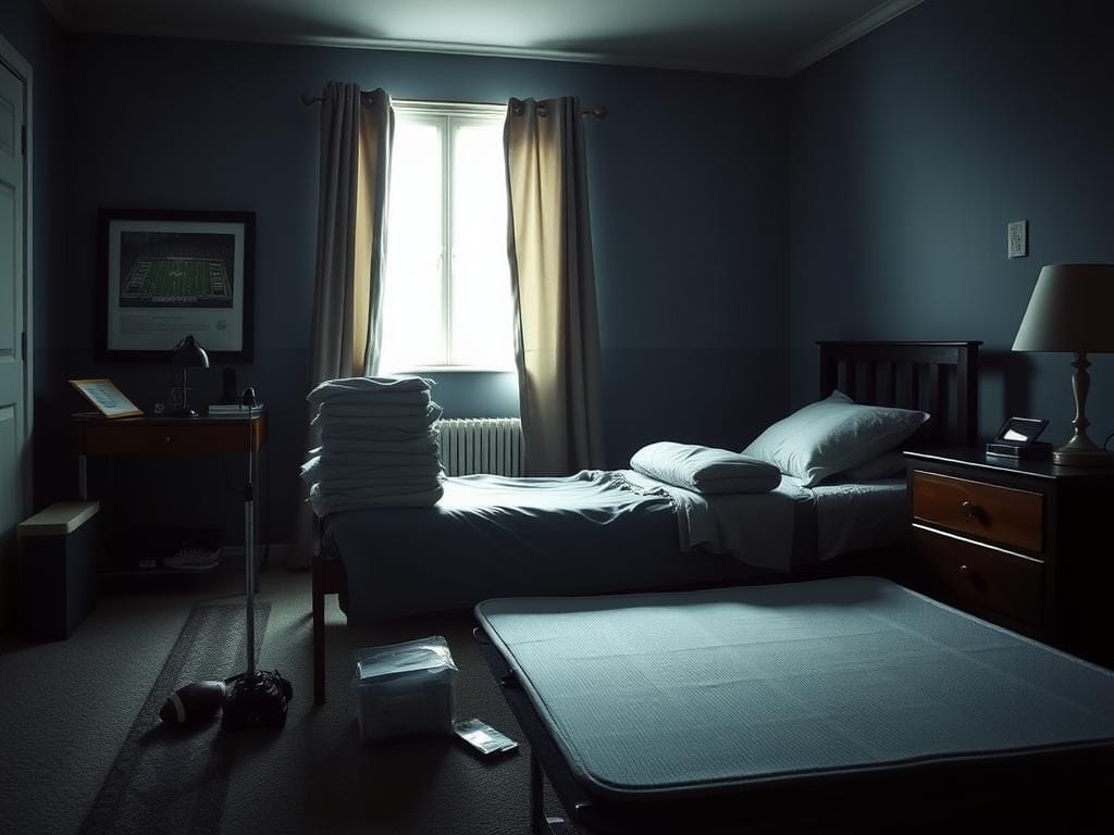 Flick International A somber bedroom scene illustrating lifestyle changes after Deion Sanders' bladder removal surgery.