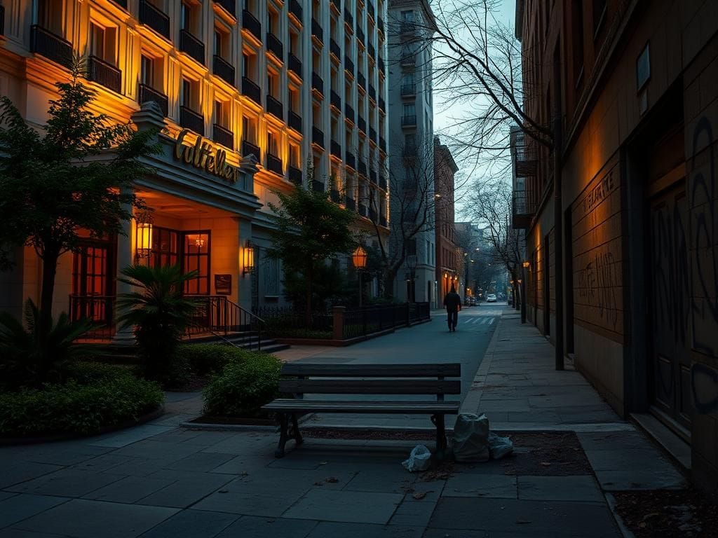 Flick International Luxurious hotel exterior juxtaposed with a dimly lit alley representing social disparity