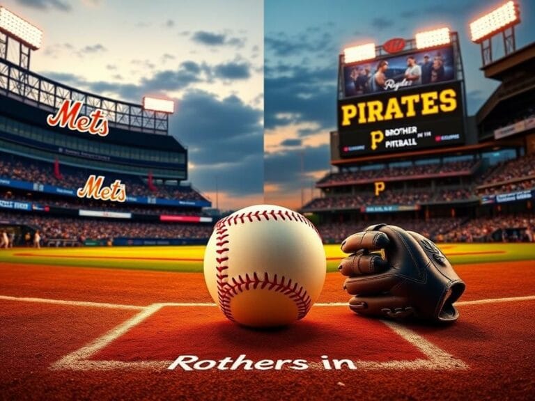 Flick International Dynamic scene of two baseball stadiums representing the Mets and Pirates during twilight, showcasing excitement of MLB trades.