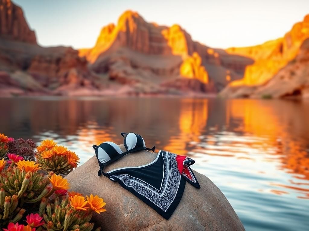 Flick International A black and white bikini resting on a smooth rock at Lake Powell, surrounded by desert flora and stunning canyon views.