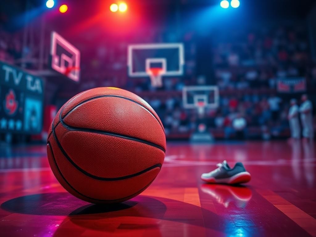 Flick International A close-up of a chipped basketball on a vibrant basketball court, symbolizing the intensity of competition.