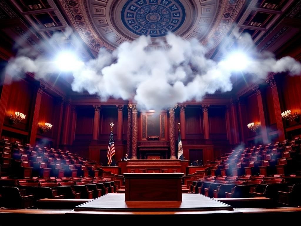 Flick International A grand, empty Senate chamber illuminated dramatically, featuring a polished wooden podium