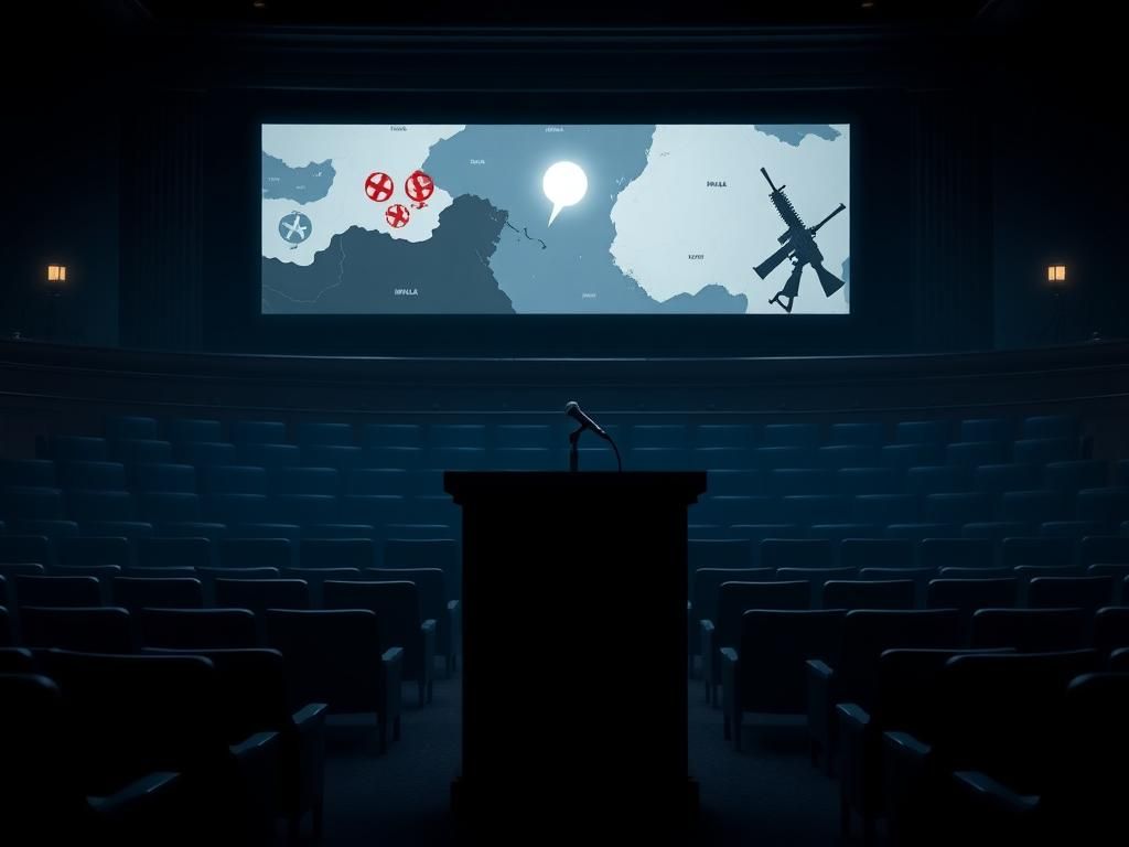 Flick International Silhouette of an empty U.S. Senate floor with an unoccupied podium for upcoming vote on arms sales to Israel