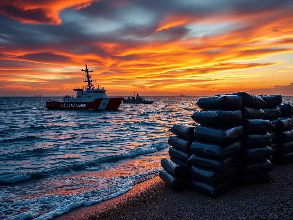 Flick International U.S. Coast Guard vessel on a coastal scene with stacked drug packages