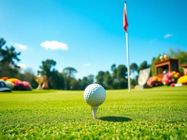 Flick International A vibrant golf course scene featuring a white golf ball on a tee, symbolizing competition and ambition.