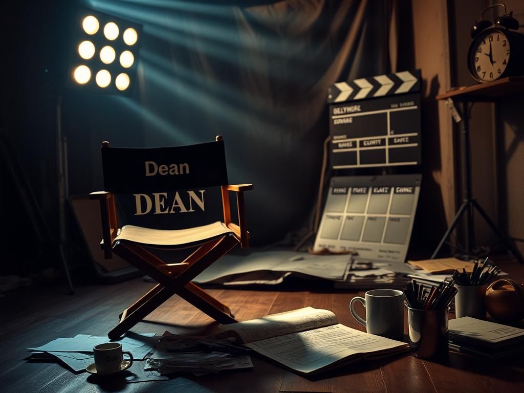 Flick International Dimly lit film set with a vintage director's chair and tangled script