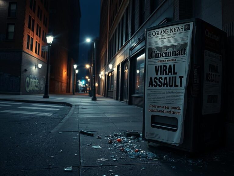 Flick International Urban street scene at dawn in downtown Cincinnati, showing a vacant corner with shattered glass and signs of recent violence.