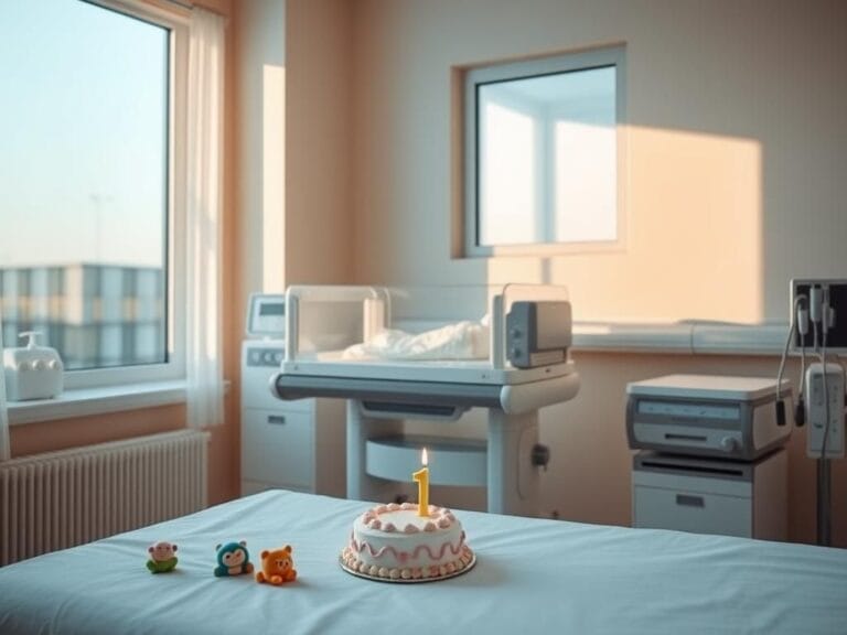 Flick International A serene hospital nursery scene at dawn with a solitary incubator and pastel colors