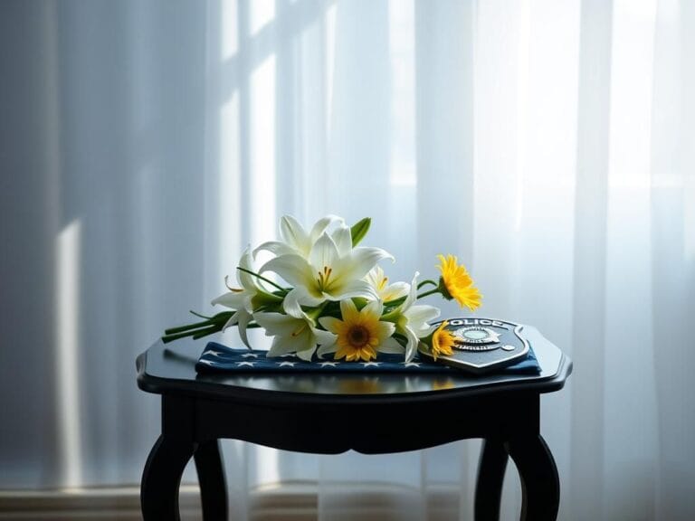 Flick International A still life arrangement with white lilies and yellow daisies beside a folded American flag and police badge, symbolizing hope and remembrance.