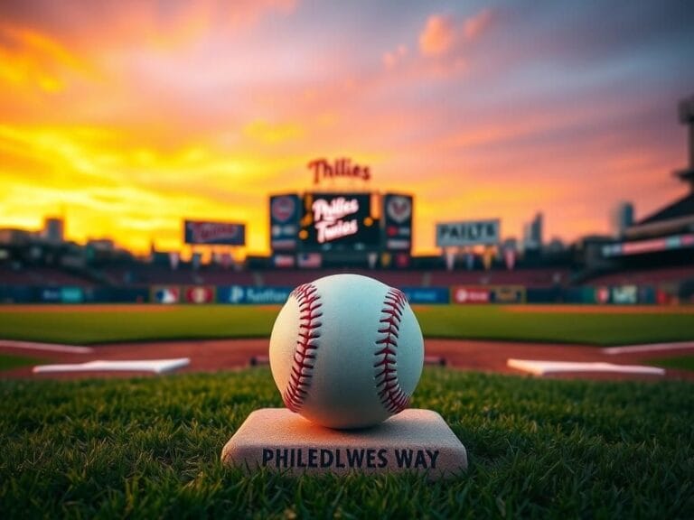 Flick International A vibrant baseball field at sunset with a glistening baseball on the pitcher's mound, symbolizing anticipation after the Phillies trade for Jhoan Duran.