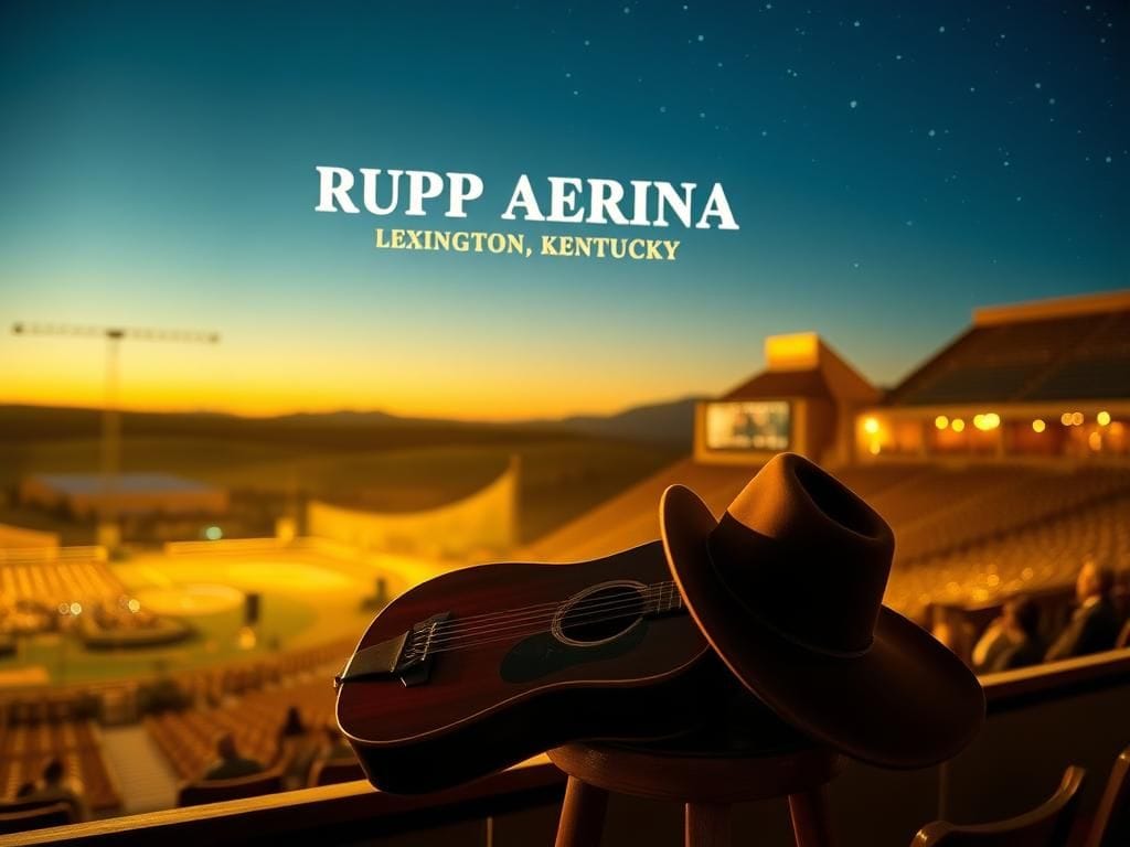 Flick International Nostalgic scene of Rupp Arena at dusk with a vintage acoustic guitar and cowboy hat