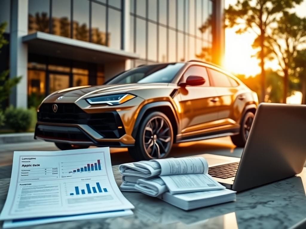 Flick International Luxurious Lamborghini Urus parked in front of a modern office building in Louisiana, symbolizing wealth and deception