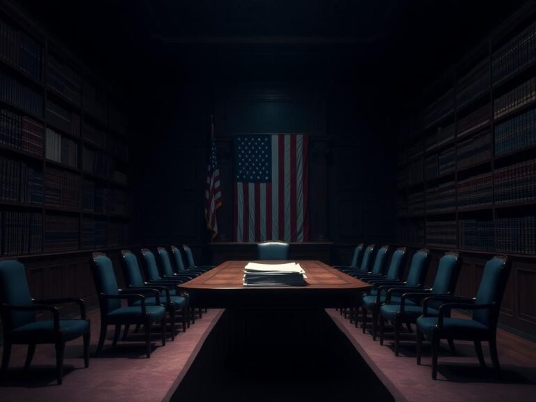 Flick International A dimly lit room with a large wooden table, surrounded by empty chairs, reflecting an atmosphere of tension during Steve Ricchetti's questioning.