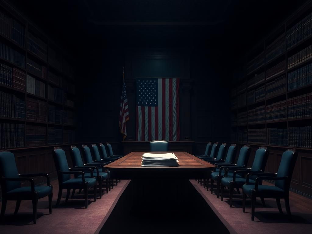 Flick International A dimly lit room with a large wooden table, surrounded by empty chairs, reflecting an atmosphere of tension during Steve Ricchetti's questioning.