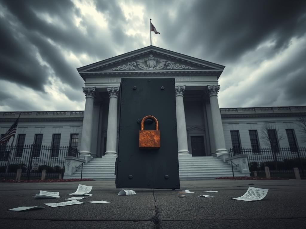 Flick International A dramatic scene outside a federal building with a closed door and rusty padlock symbolizing barriers