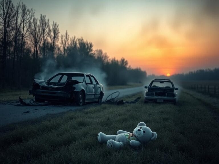Flick International A burned-out car wreckage on a rural road, symbolizing a tragic accident involving a newlywed couple and their child.