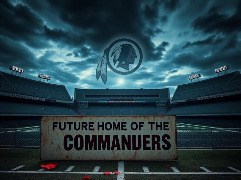 Flick International Empty football stadium with Washington Commanders field and ghostly Redskins logo in the background