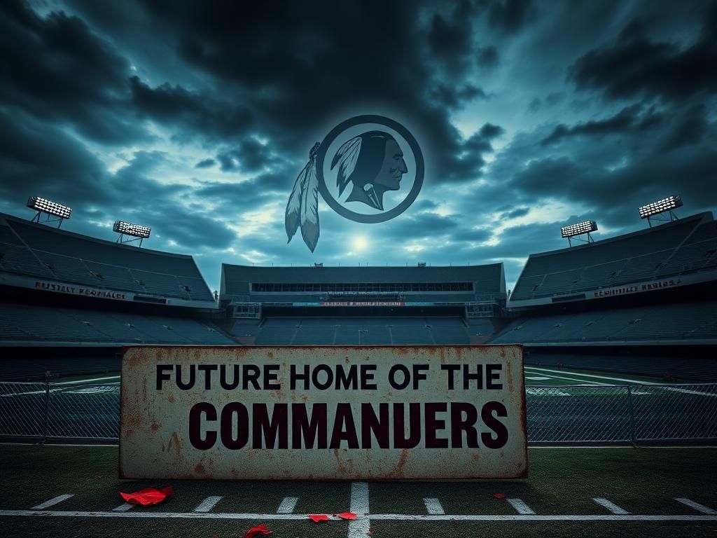 Flick International Empty football stadium with Washington Commanders field and ghostly Redskins logo in the background