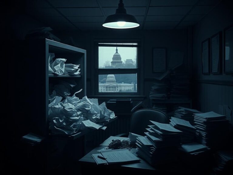 Flick International Dimly lit office setting with overflowing filing cabinet and burn bags filled with documents