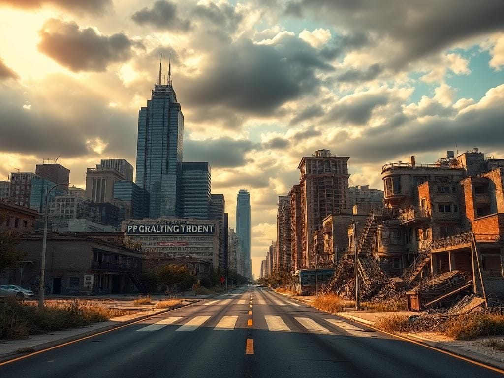 Flick International Stark urban landscape showcasing wealth and poverty, symbolizing economic disparity.