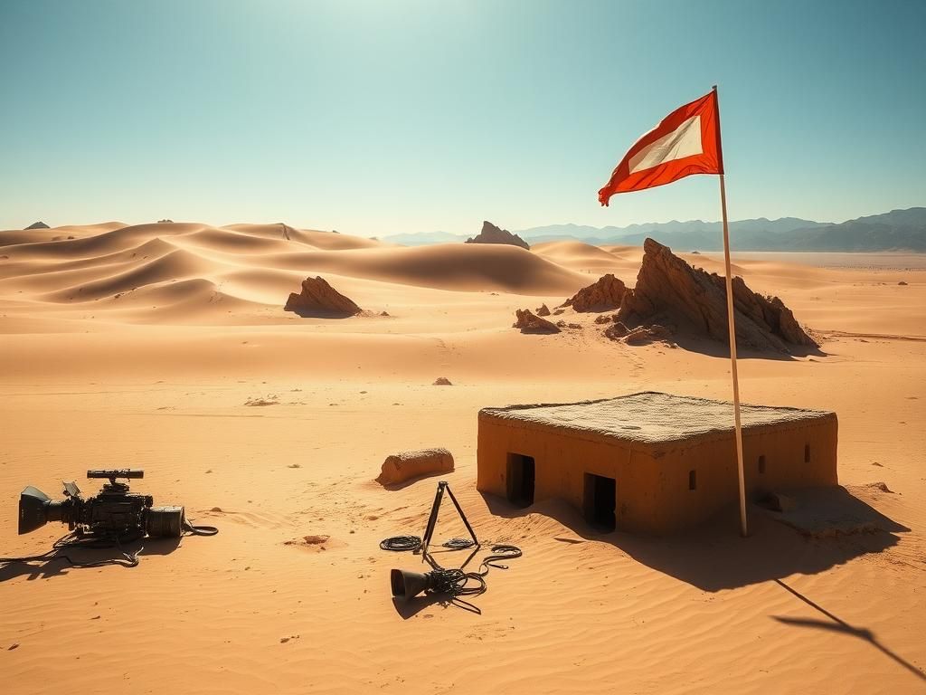 Flick International Desert landscape in Western Sahara with Sahrawi structures and film equipment