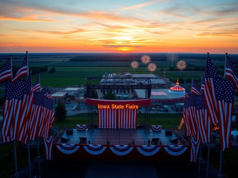 Flick International A vibrant view of the Iowa State Fairgrounds with American flags and a stage for the upcoming independence celebrations