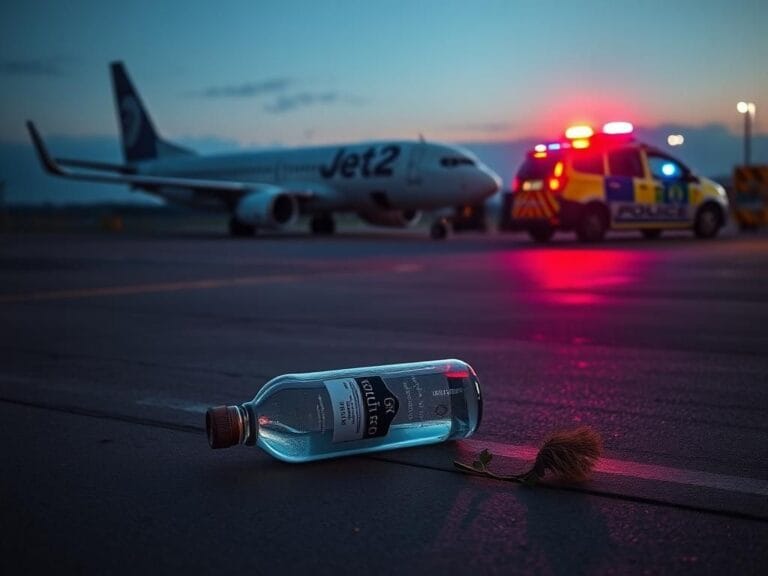 Flick International Discarded duty-free vodka bottle on airport tarmac