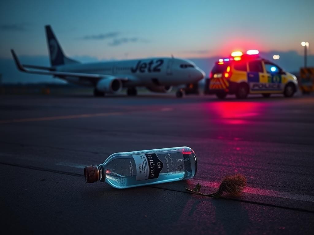 Flick International Discarded duty-free vodka bottle on airport tarmac