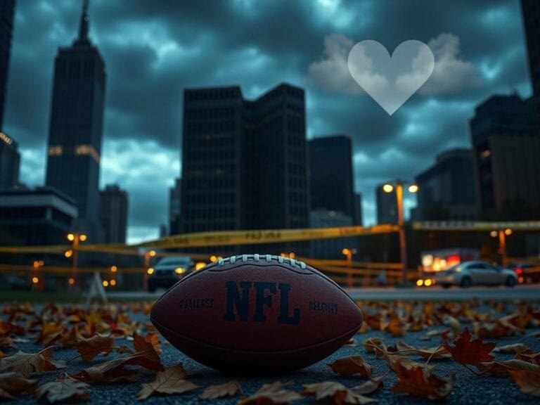 Flick International A somber New York City skyline at dusk featuring the NFL headquarters and a single football surrounded by fallen leaves