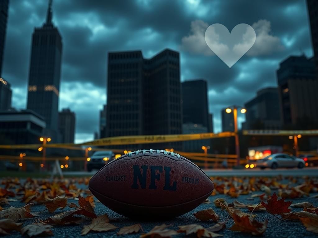 Flick International A somber New York City skyline at dusk featuring the NFL headquarters and a single football surrounded by fallen leaves
