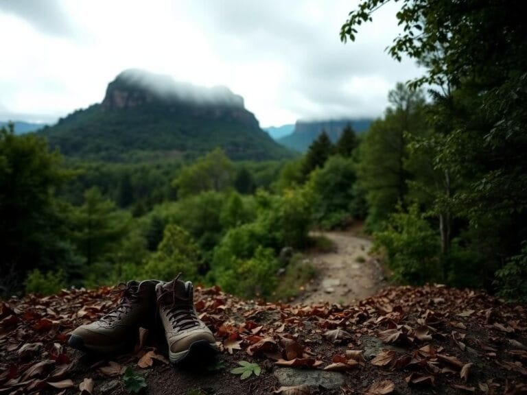 Flick International Worn hiking boots abandoned on a trail at Devil's Den State Park, symbolizing a sudden tragedy.
