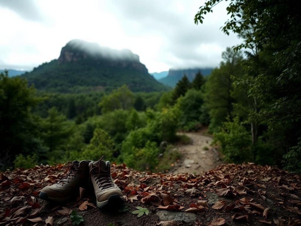 Flick International Worn hiking boots abandoned on a trail at Devil's Den State Park, symbolizing a sudden tragedy.