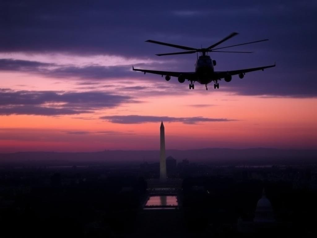 Flick International Aerial view of Washington D.C. at dusk with silhouettes of a helicopter and airplane