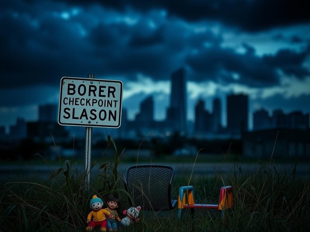 Flick International Urban landscape of Houston at dusk with skyline and border checkpoint sign